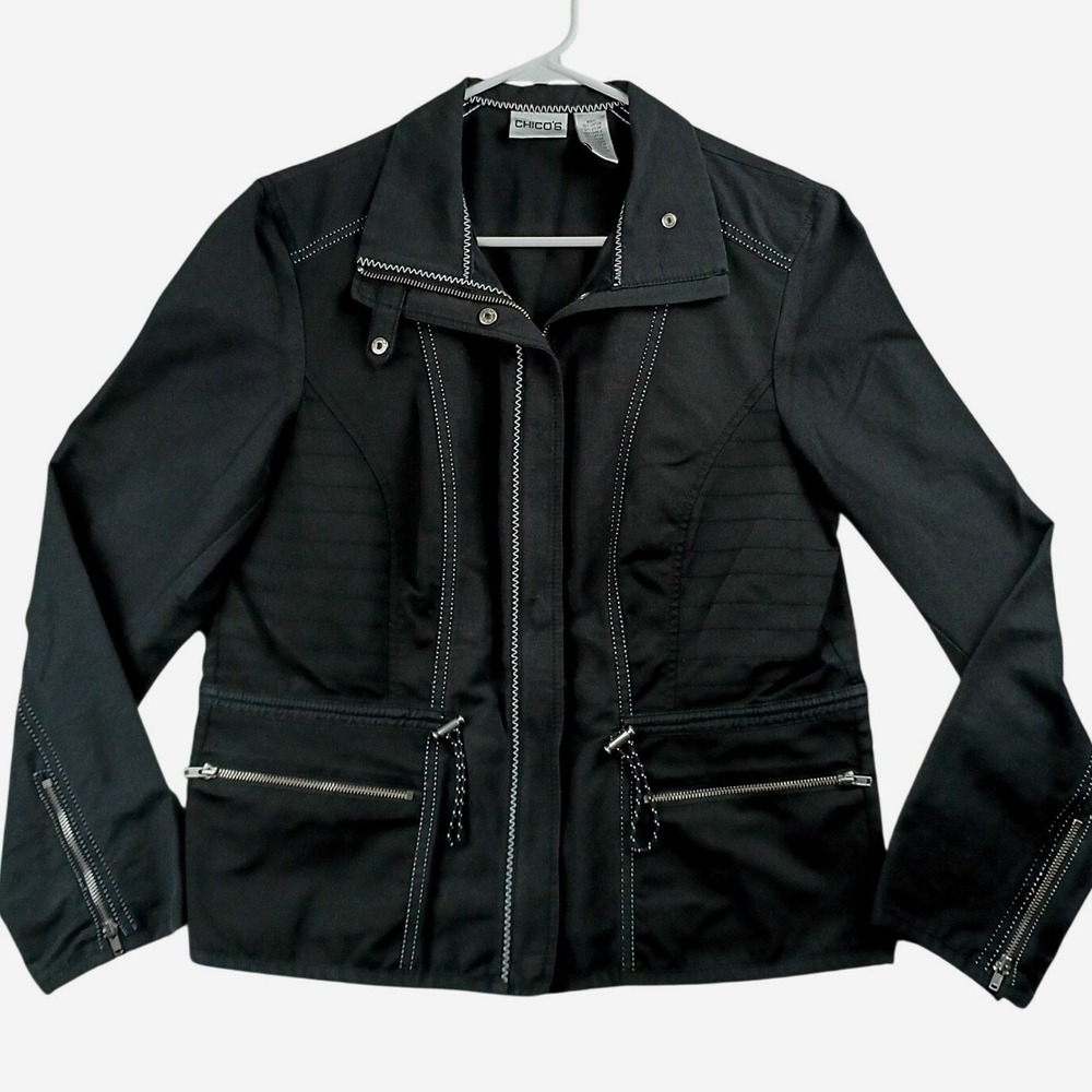 Chico's Moto Jacket Women Size 1 Black Contrast Stitch Zip Front Utility‎ Pocket